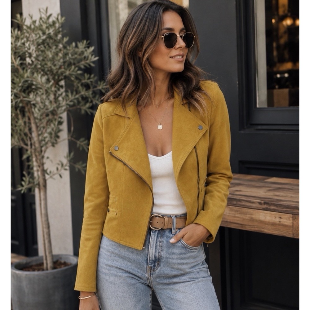 Haute Monde Sueded Moto Jacket Sz S Trucker Asymmetric Zip Crop Mustard Yellow